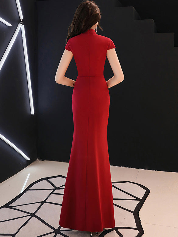 Burgundy Thigh Split Fishtail Qipao / Cheongsam Party Dress