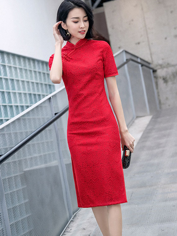 Red Lace 2019 Midi Cheongsam / Qipao Wedding Dress