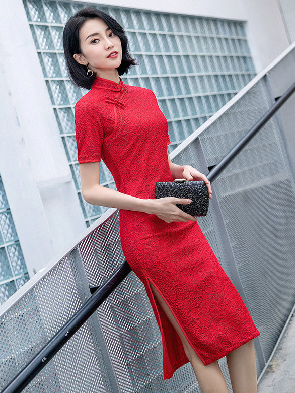 Red Lace 2019 Midi Cheongsam / Qipao Wedding Dress