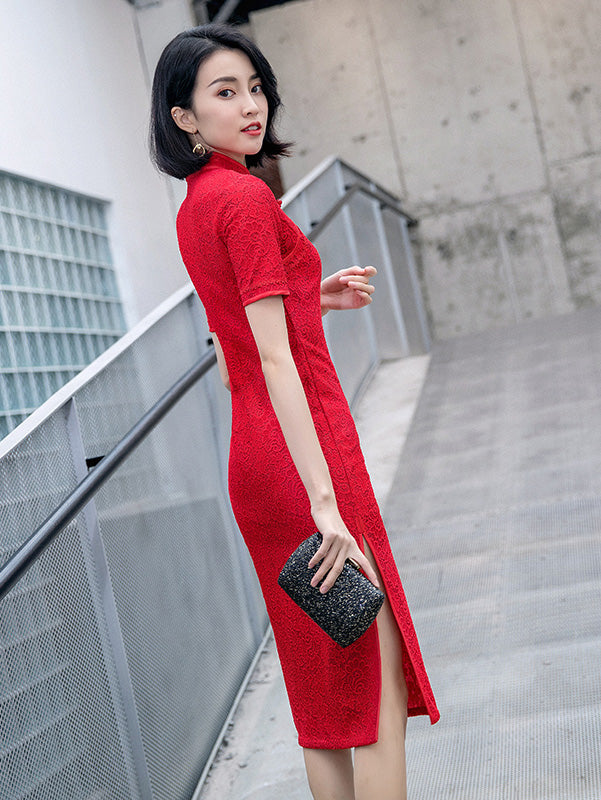 Red Lace 2019 Midi Cheongsam / Qipao Wedding Dress