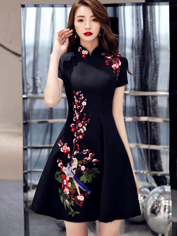 Embroidered Black A-Line Qipao / Cheongsam Party Dress