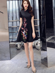 Embroidered Black A-Line Qipao / Cheongsam Party Dress