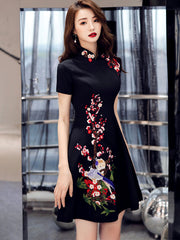 Embroidered Black A-Line Qipao / Cheongsam Party Dress
