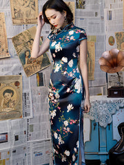 Blue Floral Long Qi Pao Cheongsam Party Dress