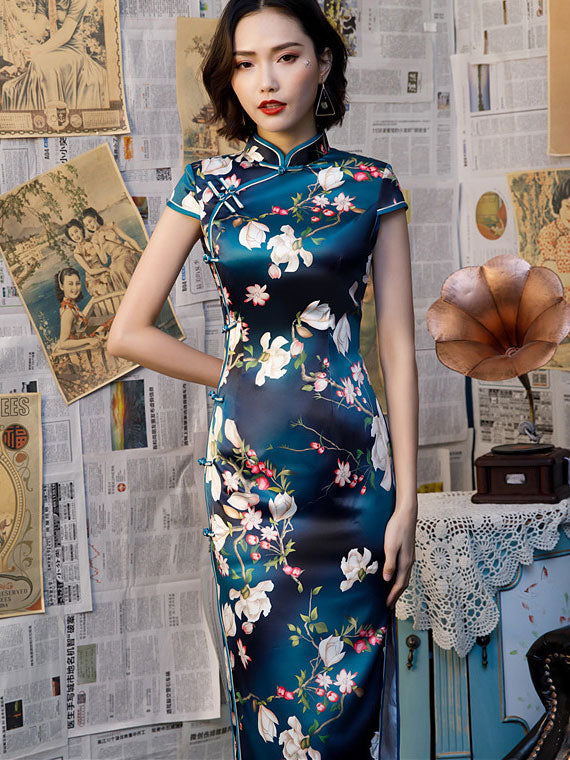 Blue Floral Long Qi Pao Cheongsam Party Dress