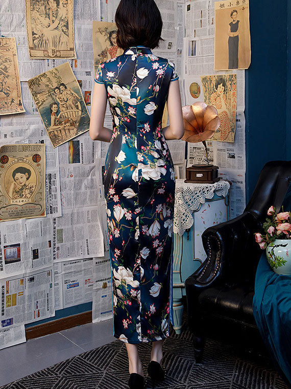 Blue Floral Long Qi Pao Cheongsam Party Dress