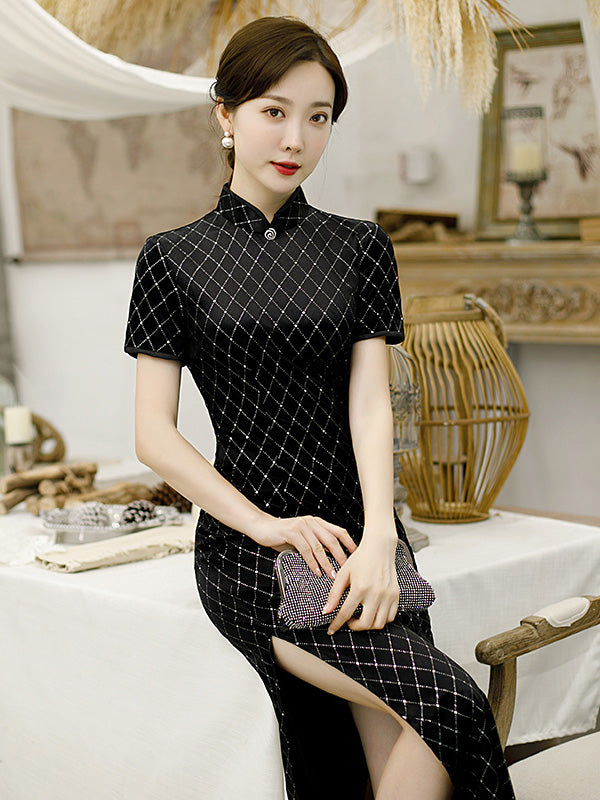 Shimmering Grid Velvet Qi Pao Cheongsam Dress