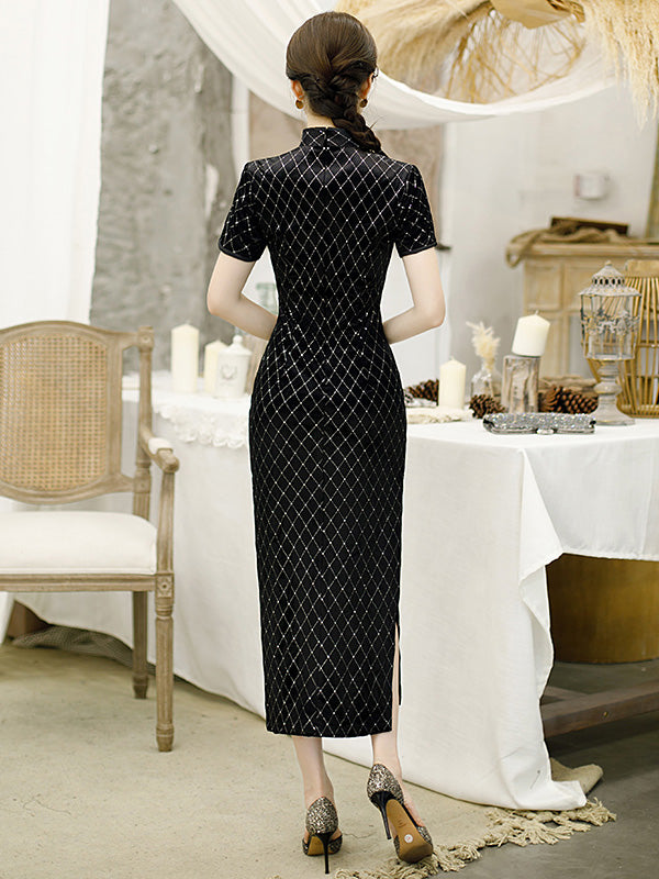 Shimmering Grid Velvet Qi Pao Cheongsam Dress