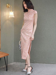 Pink Beige Long Qipao / Cheongsam Evening Dress