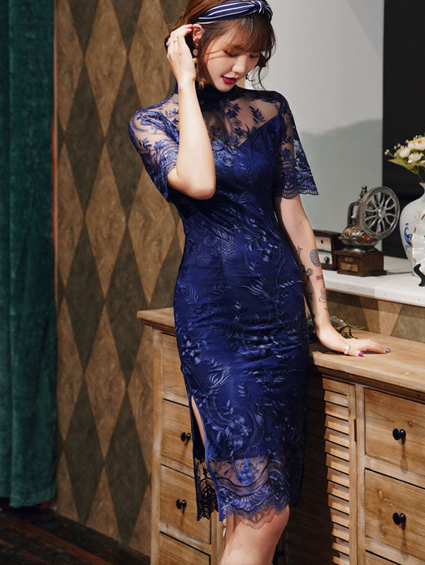 Blue Gray Illusion Lace Midi Modern  Cheongsam Qi Pao Dress