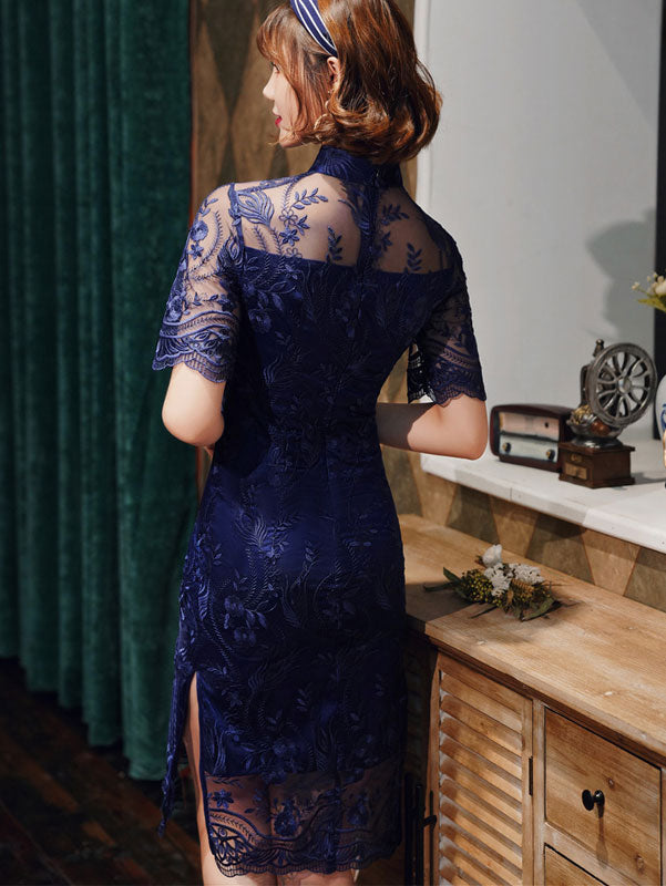 Blue Gray Illusion Lace Midi Modern  Cheongsam Qi Pao Dress