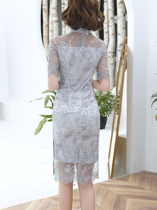 Blue Gray Illusion Lace Midi Modern  Cheongsam Qi Pao Dress