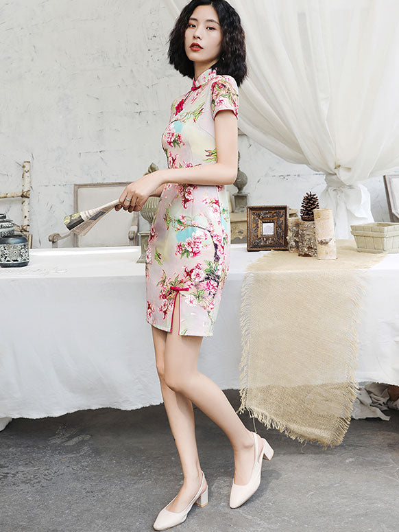Pink Floral Short Modern Qipao / Cheongsam Dress