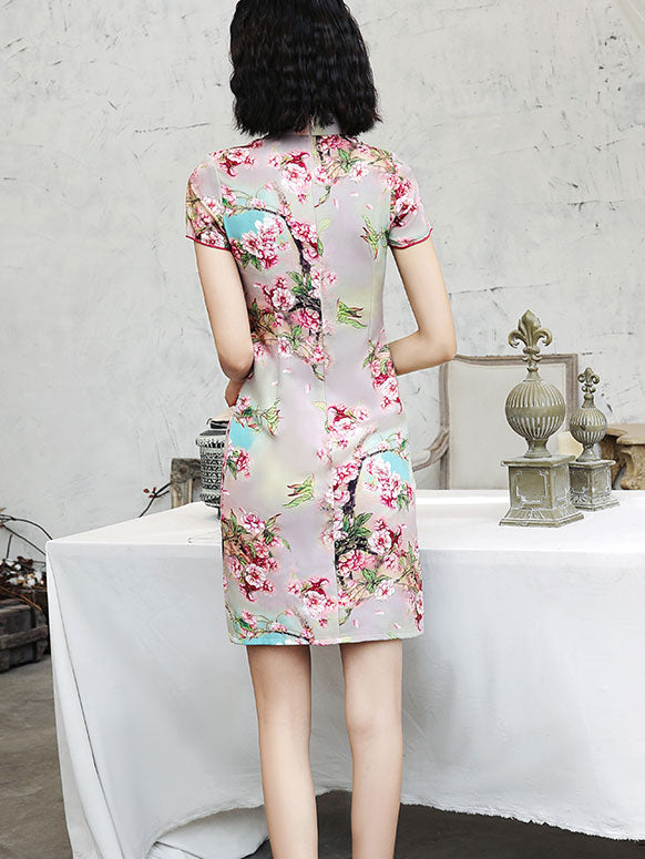 Pink Floral Short Modern Qipao / Cheongsam Dress