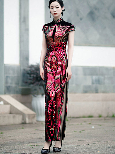 Sequined Velvet Ankle-Length Cheongsam Qipao Party Dress
