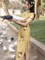 2021 Yellow Floral Tea-Length Cheongsam Qi Pao Dress
