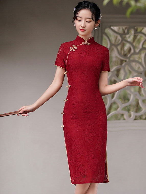 2021 Burgundy Lace Modern Qi Pao Cheongsam Wedding Dress