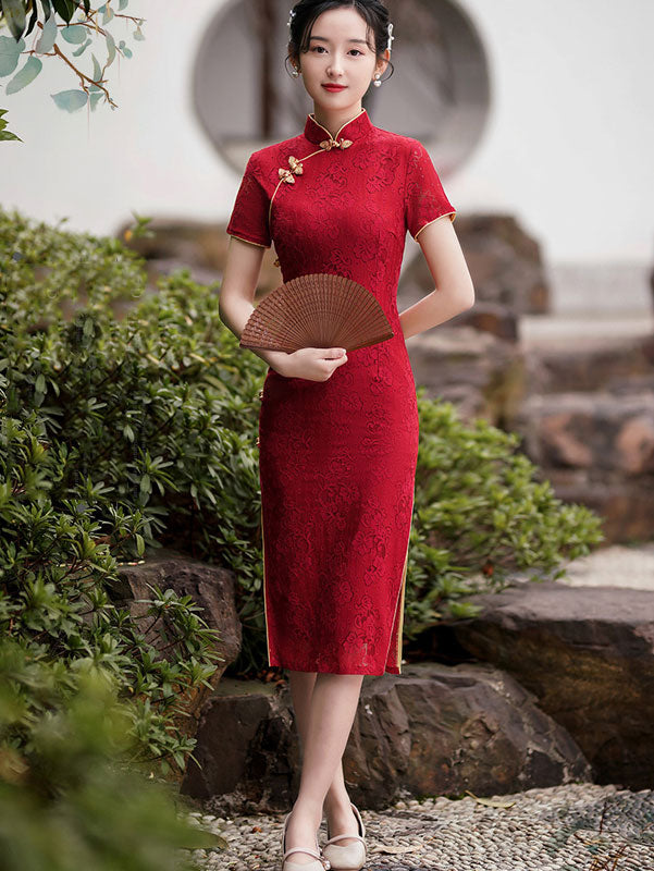 2021 Burgundy Lace Modern Qi Pao Cheongsam Wedding Dress