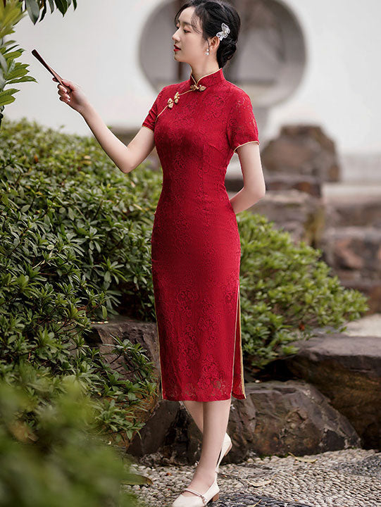 2021 Burgundy Lace Modern Qi Pao Cheongsam Wedding Dress