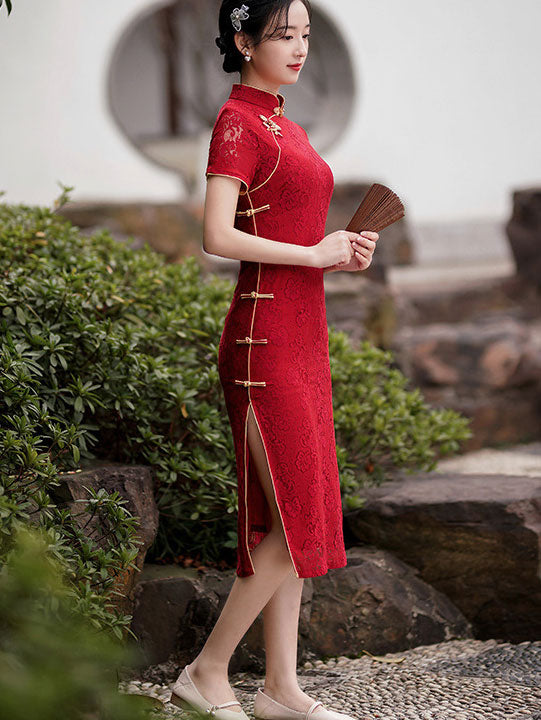 2021 Burgundy Lace Modern Qi Pao Cheongsam Wedding Dress