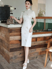Green White Embroidered Deer Lace Cheongsam Qi Pao Dress
