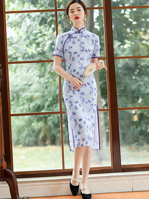 Blue Floral Linen Midi Cheongsam Qi Pao Dress