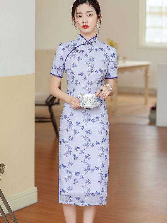 Blue Floral Linen Midi Cheongsam Qi Pao Dress