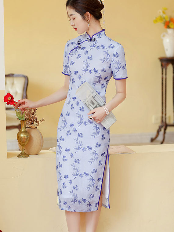 Blue Floral Linen Midi Cheongsam Qi Pao Dress