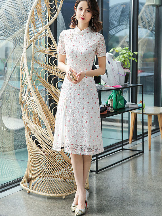 Floral Lace A-Line Midi Modern Qi Pao Cheongsam Dress
