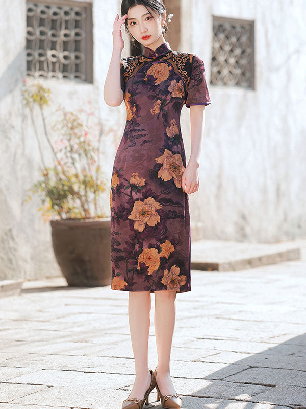 Purple Green Floral Midi Mothers Cheongsam Qi Pao Dress