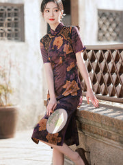 Purple Green Floral Midi Mothers Cheongsam Qi Pao Dress