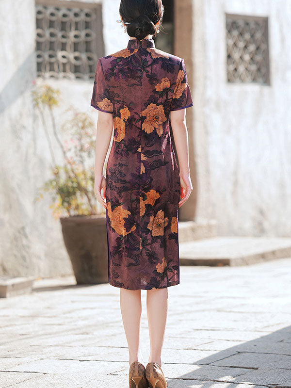 Purple Green Floral Midi Mothers Cheongsam Qi Pao Dress
