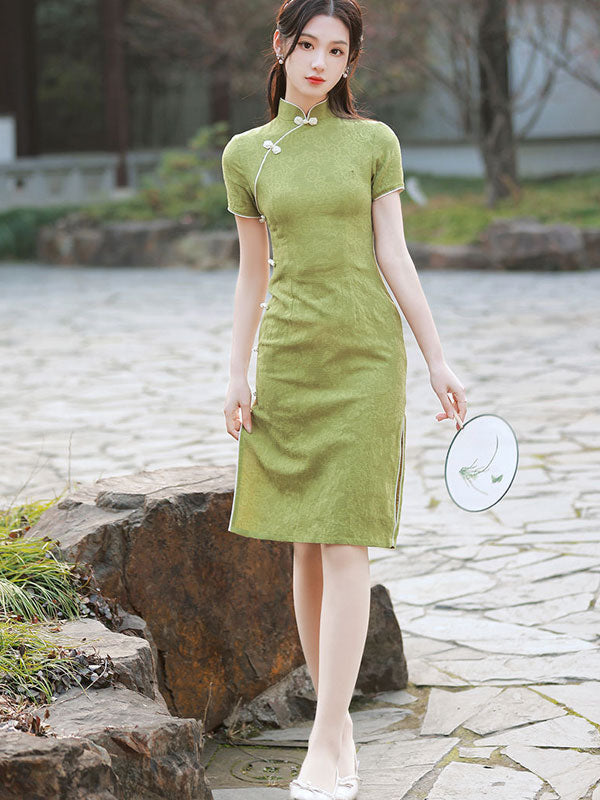 Green Jacquard Linen Qi Pao Cheongsam Dress