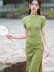 Green Jacquard Linen Qi Pao Cheongsam Dress