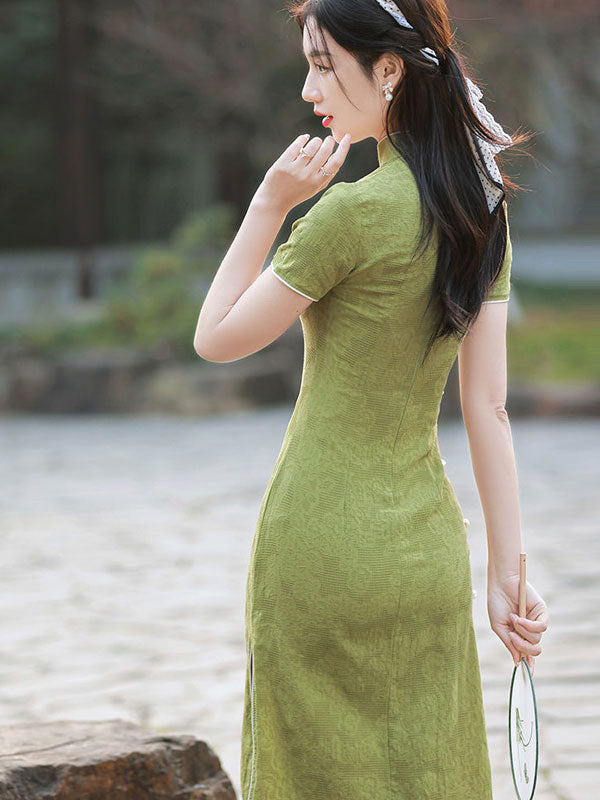Green Jacquard Linen Qi Pao Cheongsam Dress