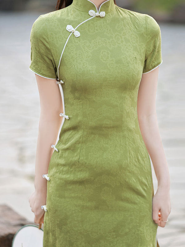 Green Jacquard Linen Qi Pao Cheongsam Dress