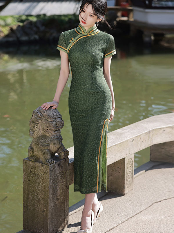 2022 Olive Green Lace Maxi Cheongsam Qi Pao Dress