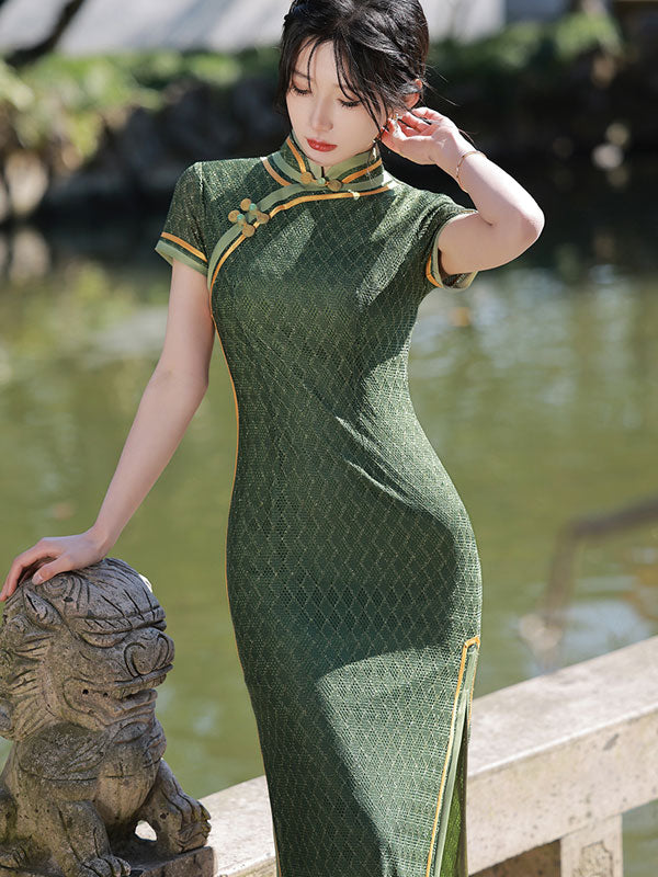 2022 Olive Green Lace Maxi Cheongsam Qi Pao Dress