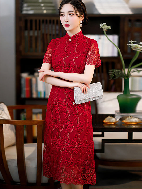 Red Bridal Mother's A-Line Qipao / Cheongsam Dress