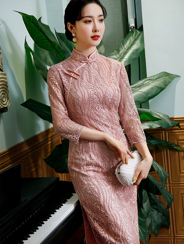Bridal Mother's Lace Mid Qi Pao Cheongsam Dress