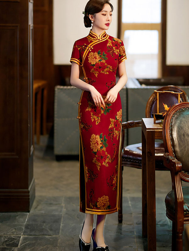 Black Red Mother's Floral Maxi Cheongsam Qi Pao Dress