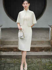 White Lace Mid Cheongsam Qi Pao Dress with Shawl