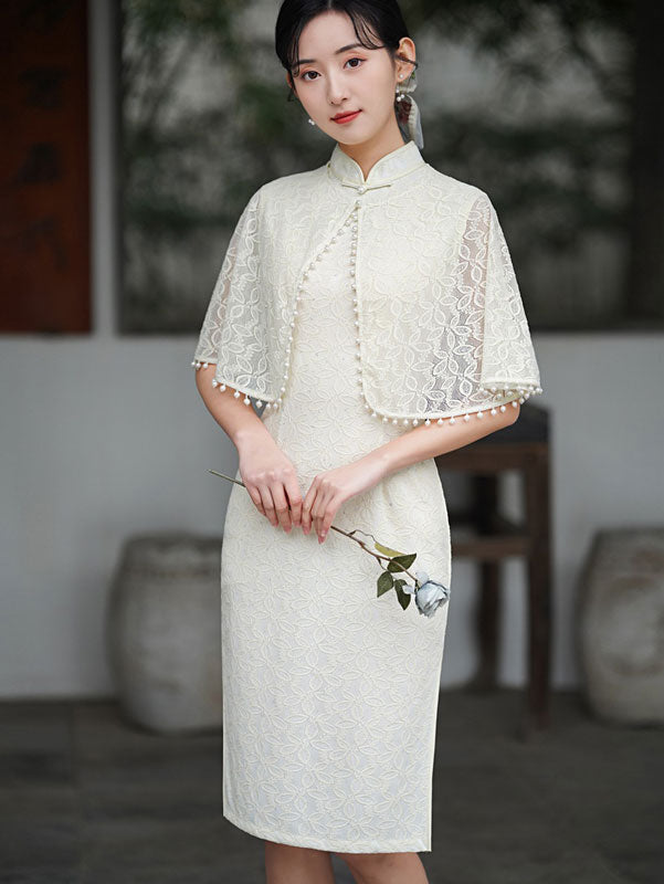 White Lace Mid Cheongsam Qi Pao Dress with Shawl