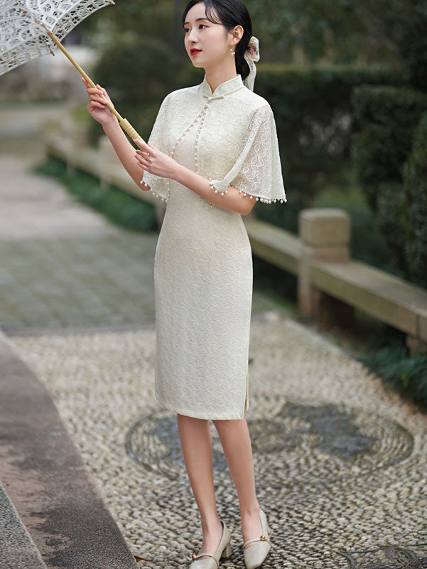 White Lace Mid Cheongsam Qi Pao Dress with Shawl