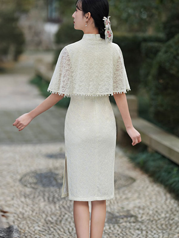 White Lace Mid Cheongsam Qi Pao Dress with Shawl