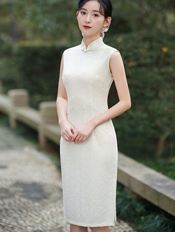 White Lace Mid Cheongsam Qi Pao Dress with Shawl