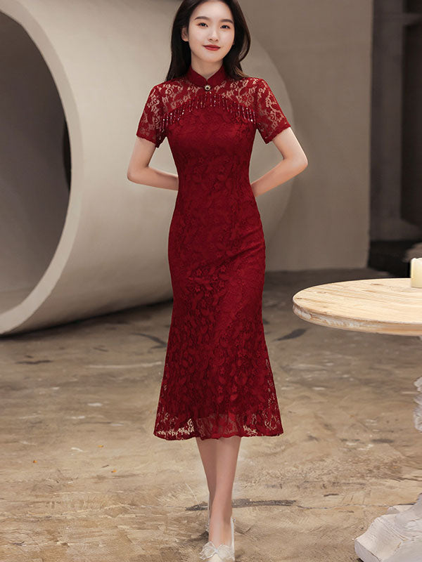 Burgundy Lace Tea Fishtail Wedding Qi Pao Cheongsam Dress
