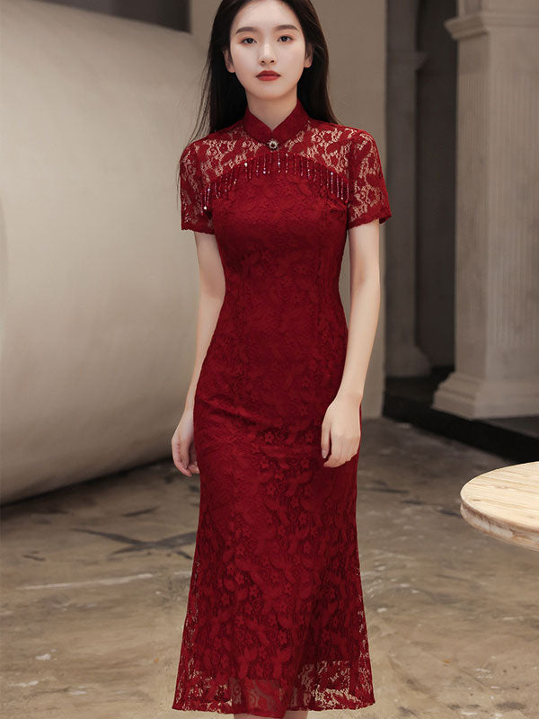 Burgundy Lace Tea Fishtail Wedding Qi Pao Cheongsam Dress