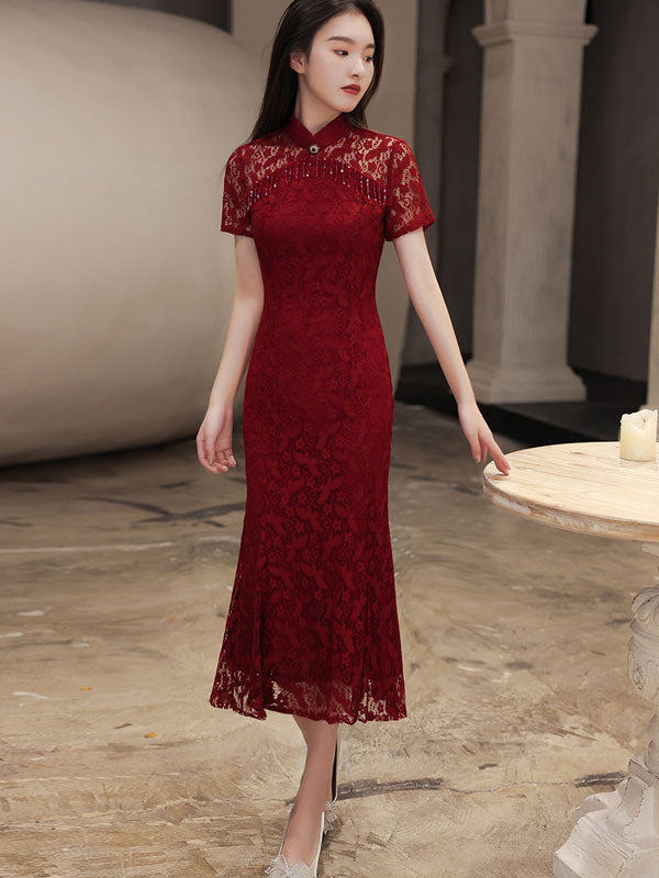 Burgundy Lace Tea Fishtail Wedding Qi Pao Cheongsam Dress Custom Made Burgundy Lace Tea Fishtail Wedding Qi Pao Cheongsam Dress Custom Made