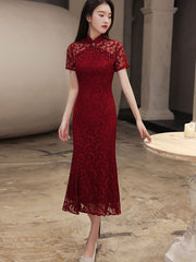 Burgundy Lace Tea Fishtail Wedding Qi Pao Cheongsam Dress